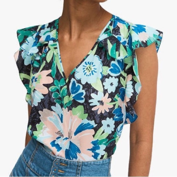 kate spade Tops - Kate Spade Floral Green Full Bloom Ruffle Sleeve Top